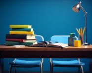 Blue desk with books and school supplies, back to school stock images ai, back to school stock illustrations ai, back to school ai prompts