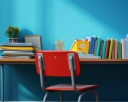 School supplies and textbooks on a blue desk, back to school stock images ai, back to school stock illustrations ai, back to school ai prompts