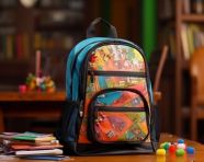 Backpack with different colorful stationery on table. banner design, back to school stock images ai, back to school stock illustrations ai, back to school ai prompts