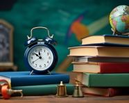 Blue and wood still life with old books and alarm clock