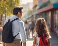 First day at school father leads a little child school girl in first grade back view, back to school stock images ai, back to school stock illustrations ai, back to school ai prompts