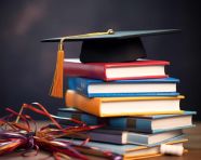 Front view of stacked books a graduation cap and ladders for education day, back to school stock images ai, back to school stock illustrations ai, back to school ai prompts
