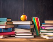 Education and reading concept blackboard group of colorful books on the wooden table in the classroom, back to school stock images ai, back to school stock illustrations ai, back to school ai prompts