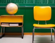 Schoolroom interior with yellow walls and green chair, back to school stock images ai, back to school stock illustrations ai, back to school ai prompts