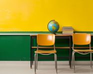 Empty classroom with chalkboard and chair, back to school stock images ai, back to school stock illustrations ai, back to school ai prompts