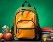 School bag backpack with supplies for school on the background of green blackboard, back to school stock images ai, back to school stock illustrations ai, back to school ai prompts