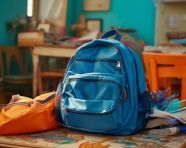 Blue school bag on the table, back to school stock images ai, back to school stock illustrations ai, back to school ai prompts