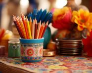 Colorful pencils on a table, back to school stock images ai, back to school stock illustrations ai, back to school ai prompts