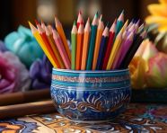 Colored pencils in a pencil case on workspace and workshop background