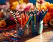 Colorful crayons on desk, back to school stock images ai, back to school stock illustrations ai, back to school ai prompts