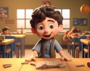 Cheerful 3d cartoon boy in classroom, back to school stock images ai, back to school stock illustrations ai, back to school ai prompts