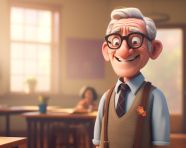 An animated figure standing next to a classroom, back to school stock images ai, back to school stock illustrations ai, back to school ai prompts