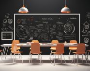 A classroom with a black wall and white tables and chairs, back to school stock images ai, back to school stock illustrations ai, back to school ai prompts