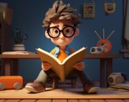 A boy sits at a desk in front of a book, back to school stock images ai, back to school stock illustrations ai, back to school ai prompts
