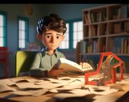 A boy sits at a desk in in class room front of a book, back to school stock images ai, back to school stock illustrations ai, back to school ai prompts