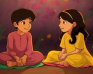 A cartoon brother and sister sitting on the ground