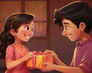 An image of raksha bandhan two kids brother and sister and a present