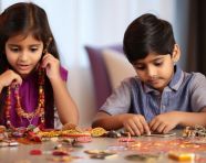 Brother sister kids celebrating rakhi at home