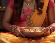 Sister with pooja plate and rakhi waiting alone for her brother on the occasion of raksha bandhan