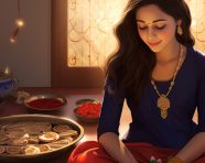 Young sister with rakhi and pooja plate waiting for brother on raksha bandha