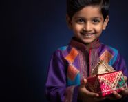 A young child wearing a feniksh kurta playing with a gift