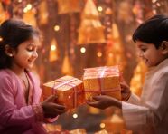 Two young children are holding gifts and are playing, in the style of indian traditions