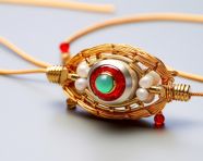 A gold rakhi made with red rakhi and red beads