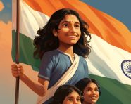 An indian girl and kids holding an indian flag, independence day stock image, independence day ai prompt