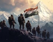 Indian armed forces on top while holding an indian flag, independence day stock image, independence day ai prompt