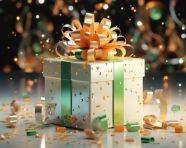 Gift box in colors and party confetti, independence day stock image, independence day ai prompt