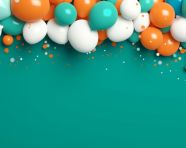 A variety of colored balloons surround a blue background, independence day stock image, independence day ai prompt