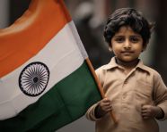 Little boy proudly holds indian flags, independence day stock image, independence day ai prompt