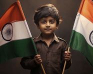 A sweet little boy holding two indian flags, independence day stock image, independence day ai prompt