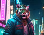 A tiger in a leather jacket stands in the street in front of a neon sign that says am a tiger, midjourney ai art, ai art, midjourney free prompts