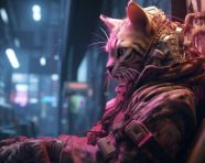 A cat sat in the dark in a city building, midjourney ai art, ai art, midjourney free prompts