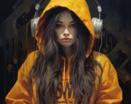 A woman with long hair and a yellow hoodie with the word music, midjourney ai art, ai art, midjourney free prompts