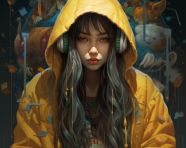 Woman in yellow hoodie with music word, midjourney ai art, ai art, midjourney free prompts