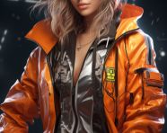A female character wearing a orange jacket and other clothing, midjourney ai art, ai art, midjourney free prompts