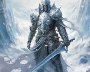 A fantasy knight has swords in his hands carrying them through ice snow, midjourney ai art, ai art, midjourney free prompts