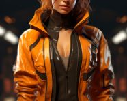 Young woman in orange jacket and boots, midjourney ai art, ai art, midjourney free prompts