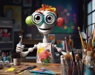 An animated cartoon robot holding paint sticks in front of his desk, midjourney ai art, ai art, midjourney free prompts