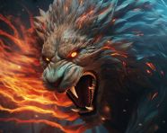 A digital artwork depicts a lion in flames with a swirl, midjourney ai art, ai art, midjourney free prompts