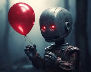A small robot holding a red balloon, midjourney ai art, ai art, midjourney free prompts