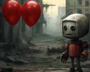 Little robot and red balloon, midjourney ai art, ai art, midjourney free prompts