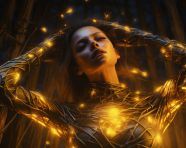 Human woman wrapped in wires and golden lights, midjourney ai art, ai art, midjourney free prompts
