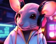 A tyleno mouse is wearing headphones and wearing sunglasses sitting under the neon light, midjourney ai art, ai art, midjourney free prompts