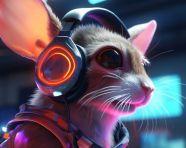 A mouse with headphones is in neon glow, midjourney ai art, ai art, midjourney free prompts