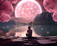 The person is sitting next to a water full of dandelion flowers, midjourney ai art, ai art, midjourney free prompts