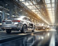 Cars on the move at the factory, assembly line car production, assembly line car manufacturing