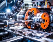 Modern metal workshop with machinery building steel parts, assembly line car production, assembly line car manufacturing